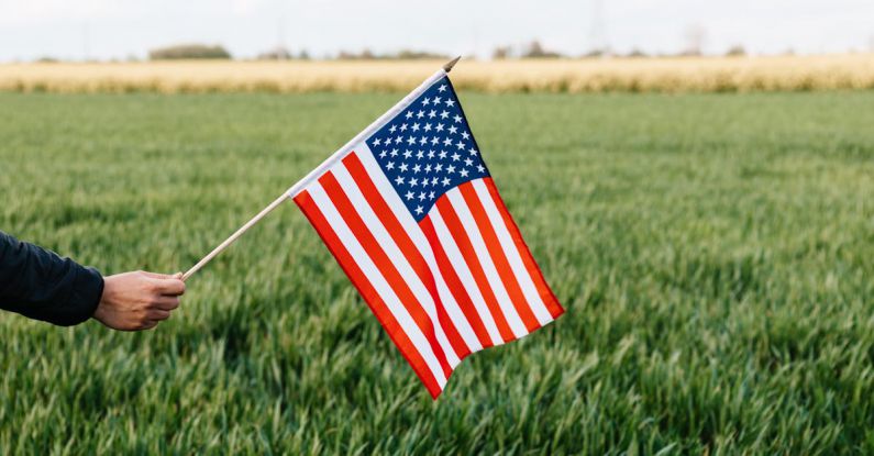 Equity - Crop unrecognizable person holding colorful flag of America with stars and stripes on lush green lawn under cloudy sky in daylight