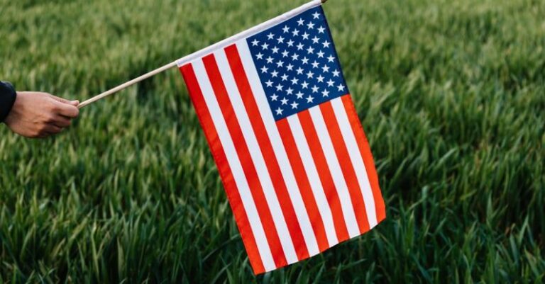 Equity - Crop faceless person holding spiky stick with American flag representing stripes and stars of bright colors on field with growing grass in daylight